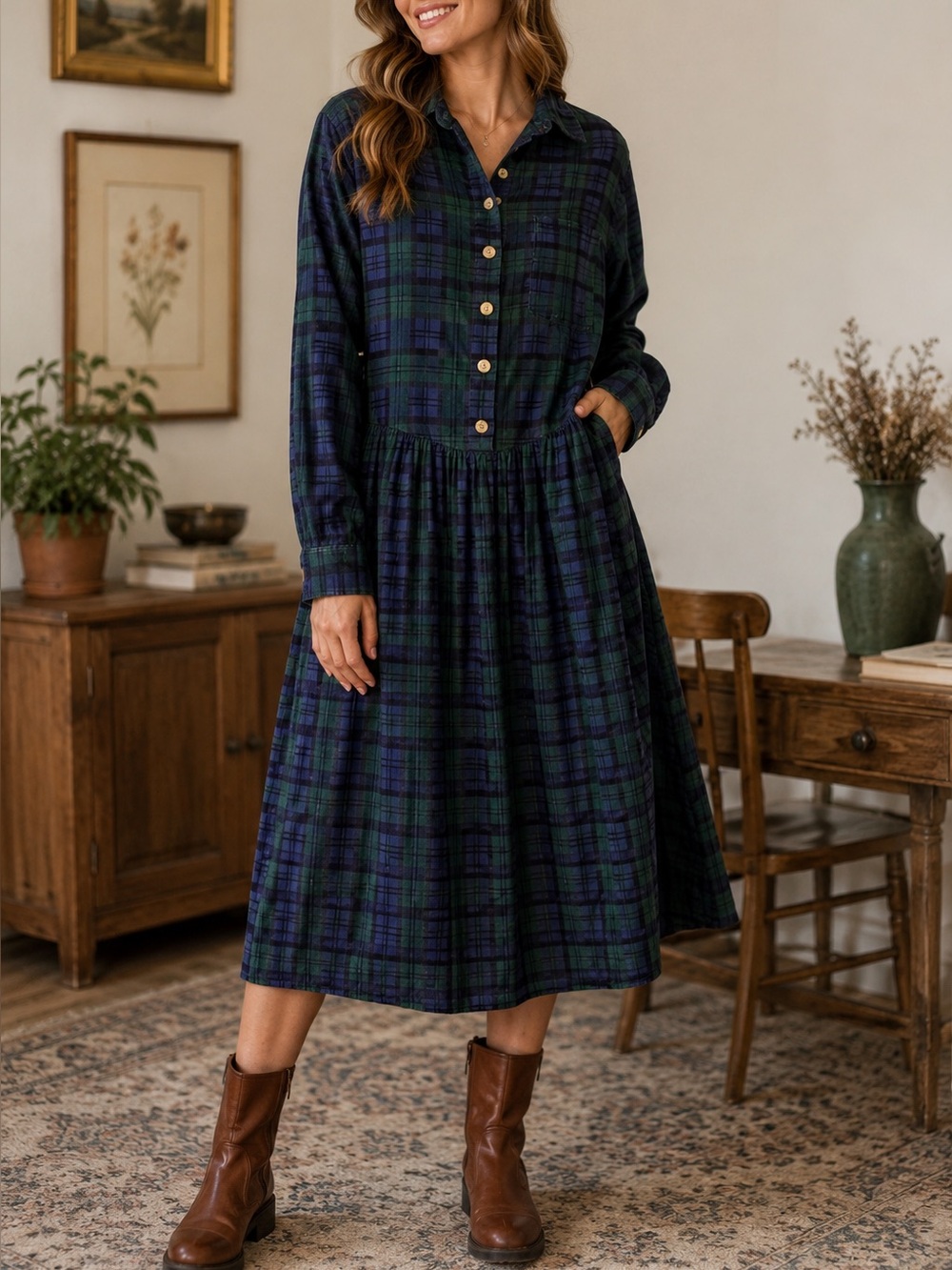 Vintage FADS Plaid Corduroy Shirt Dress Blue Green Cotton Midi Size M